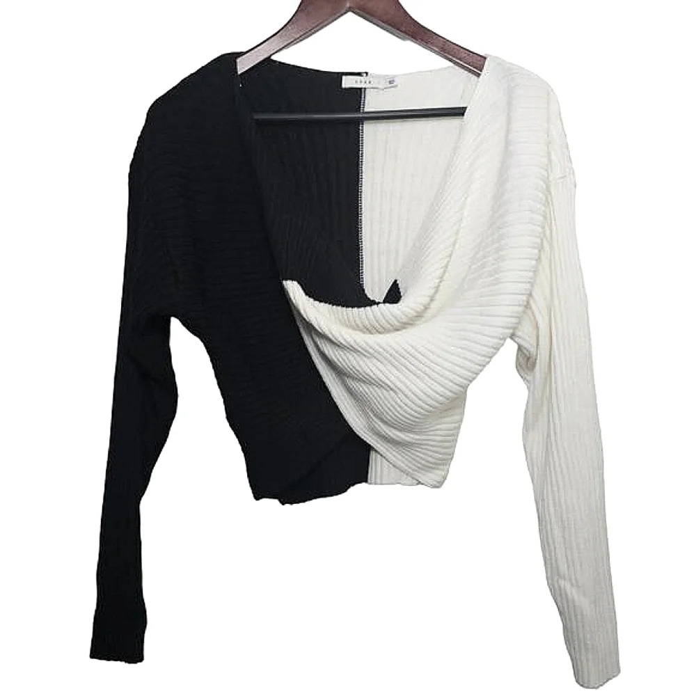 NWT Lush Twist Front Colorblock Sweater Sm Black White Wool Cropped Contemporary